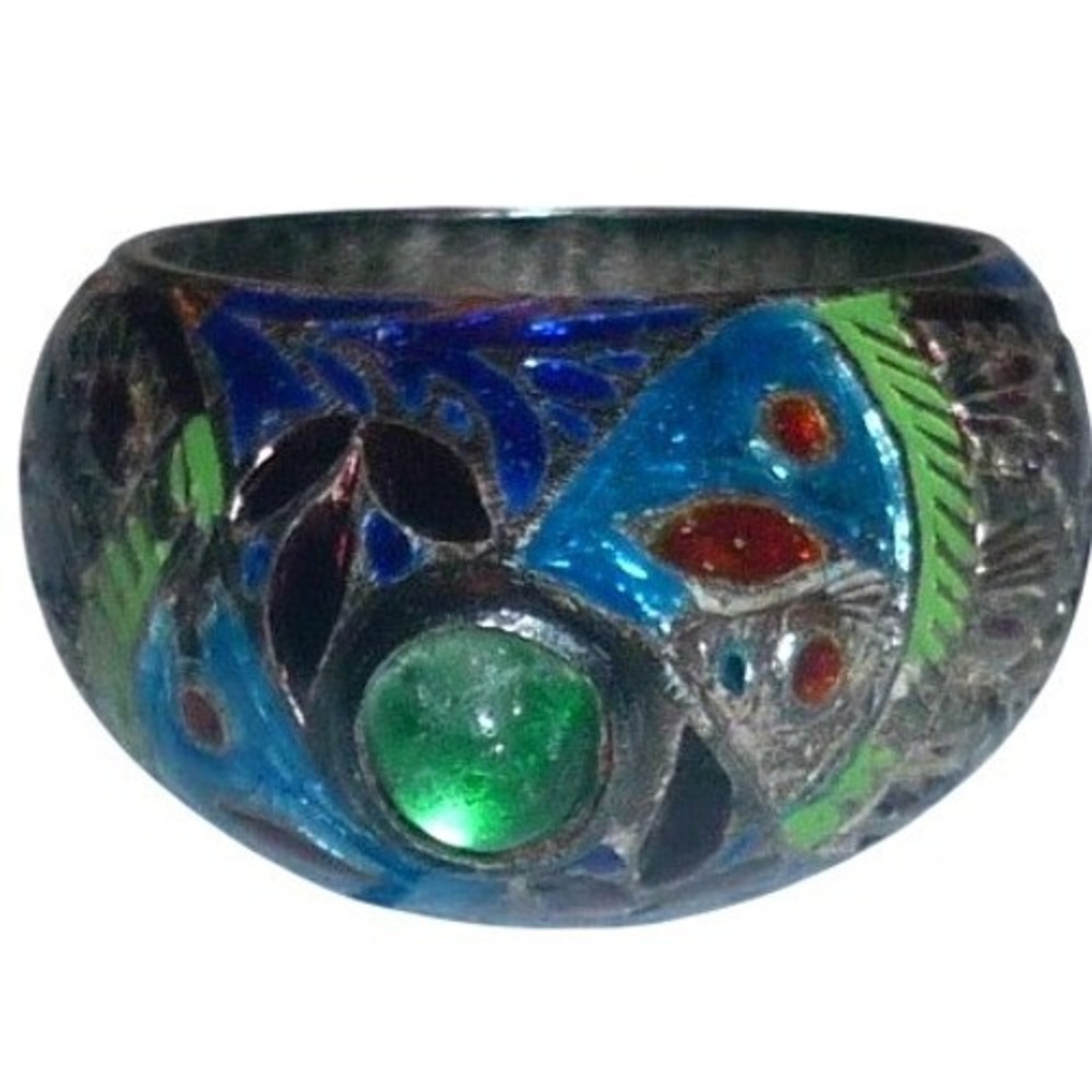 Vintage Chinese Export Cloisonne Enamel Silver Ring Green‎ Cabochon Size 6.25